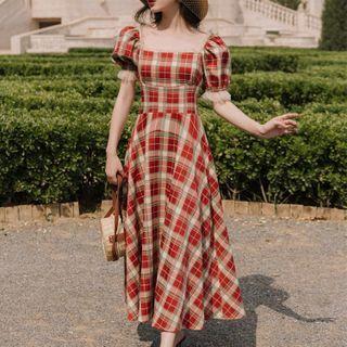 Plaid Puff-sleeve Maxi A-line Dress