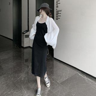 Long-sleeve Plain Shirt / Spaghetti Strap Midi Sheath Dress