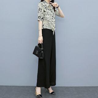 Set: Short-sleeve Lettering Shirt + Wide Leg Pants