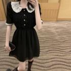 Lace Collar Short-sleeve Mini A-line Dress Dress - Black - One Size