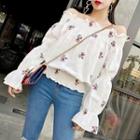 Long-sleeve Floral Embroidery Off Shoulder Top