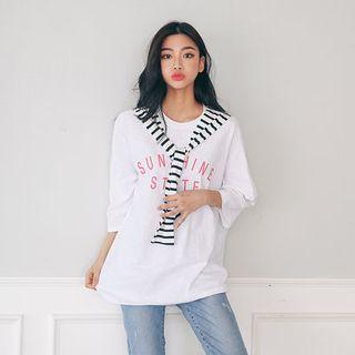 Mock Stripe Top Layered Lettering T-shirt