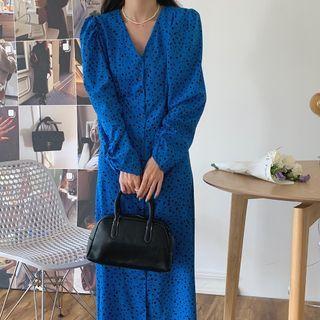 Puff Sleeve V Neck Dot Dress