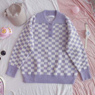 Polo-neck Check Sweater Purple - One Size