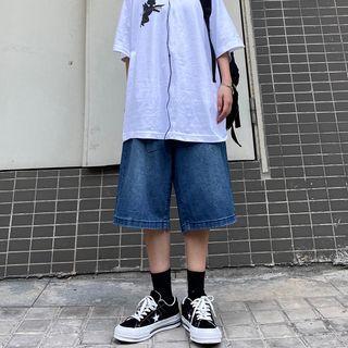 High-waist Washed Denim Straight Leg Shorts