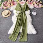 V-neck Wide-leg Plain Jumpsuit