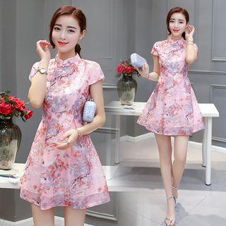 Short-sleeve Floral Print A-line Mini Qipao Dress