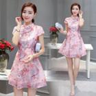 Short-sleeve Floral Print A-line Mini Qipao Dress