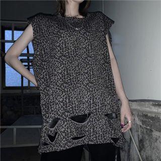 Couple Matching Sleeveless Leopard Print Ripped T-shirt