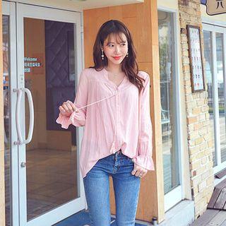 Cutout-neckline Tasseled Linen Blend Blouse