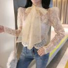 Puff-sleeve Tie Neck Lace Top