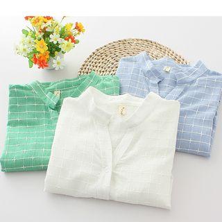 Check Split-neck Long-sleeve Blouse