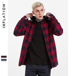 Collarless Plaid Zipper Shirt