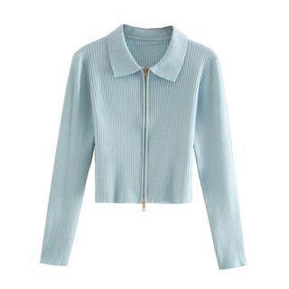 Collared Zip-up Ribbed Knit Top
