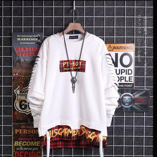 Mock Two-piece Plaid Paneled Printed Ripped Sweatshirt