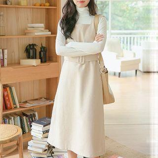 Sleeveless Midi Pinafore Dress With Belt