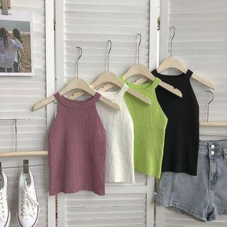 Plain Halter Off-shoulder Cropped Knit Tank Top