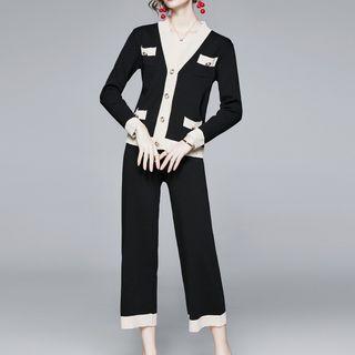 Set: Contrast Trim Cardigan + Cropped Straight-fit Pants Cardigan - Black - One Size / Pants - Black - One Size