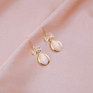 Bow Rhinestone Faux Cat Eye Stone Drop Earring E942-1 - Gold - One Size