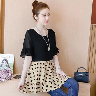Elbow-sleeve Polka Dot Paneled Frill Trim Top