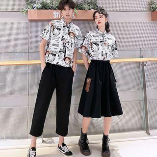 Couple Matching Short-sleeve Cartoon Print Shirt / Midi A-line Skirt / Pants / Set