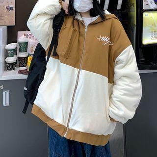 Lettering Two Tone Padded Zip-up Hooded Jacket