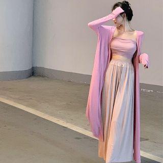 Plain Tube Top / Wide Leg Pants / Long Cardigan