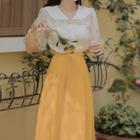 Set: Short-sleeve Sailor Collar Blouse + Midi A-line Skirt