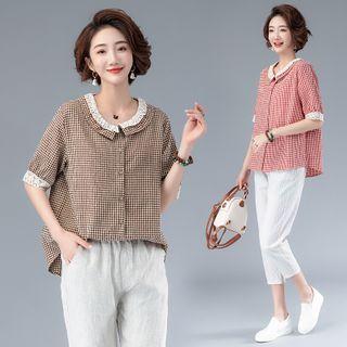 Plaid Round-neck Lantern-sleeve Shirt