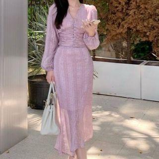 Lantern-sleeve V-neck Top / Midi Mermaid Pencil Skirt