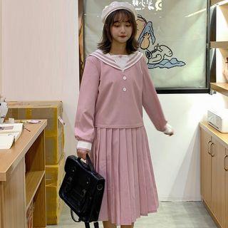 Sailor Collar Blouse / Midi Pleated Skirt