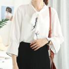 3/4-sleeve Tie-neck Embroidered Shirt