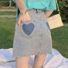 High-waist Heart Pattern A-line Denim Miniskirt