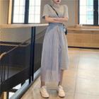 Short-sleeve Mesh Paneled A-line Midi T-shirt Dress