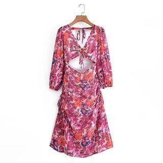 Long-sleeve Cut-out Print Midi A-line Dress