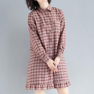 Long-sleeve Frill Trim Plaid Mini Shirt Dress