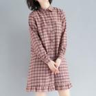 Long-sleeve Frill Trim Plaid Mini Shirt Dress