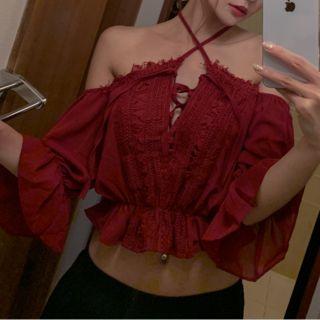 Lace-up Crochet Panel Off-shoulder Chiffon Top