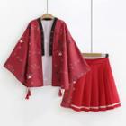 Cat Embroidered Open-front Jacket / Pleated A-line Skirt