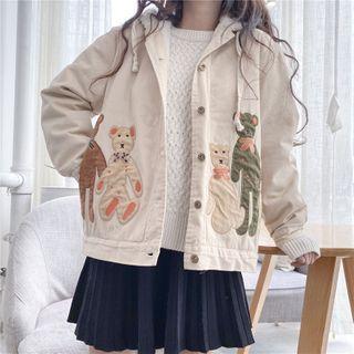 Bear Embroidered Hooded Button Jacket Khaki - One Size