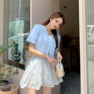 V-neck Pastel Tweed Cropped Blazer