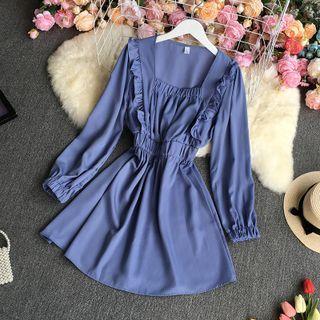 Long-sleeve Square-neck Frill Trim Mini A-line Dress