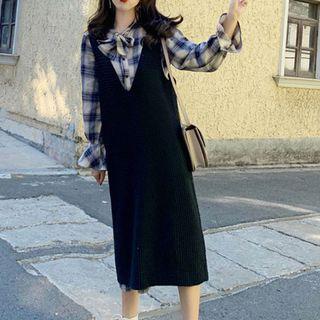 Set: Sleeveless Midi Dress + Long-sleeve Plaid Dress