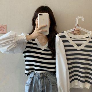 V-neck Striped Panel Knit Crop Top