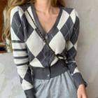 Argyle Contrast Cardigan As Shown In Figure - One Size