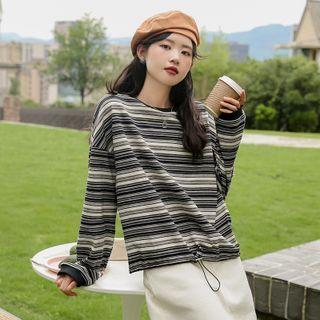 Drawstring-hem Striped T-shirt Stripe - Black & White - One Size