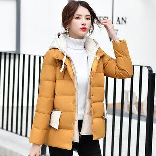 Mock Two-piece Two-tone Hooded Padded Jacket