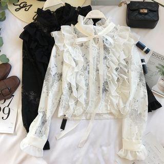Ruffle-detail Bow-neck Lace Shirt