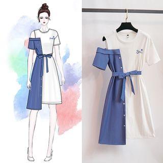 Cutout Short Sleeve Panel Lettering Asymmetric A-line Dress