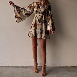 Printed Flared Sleeve Open-back A-line Mini Dress
